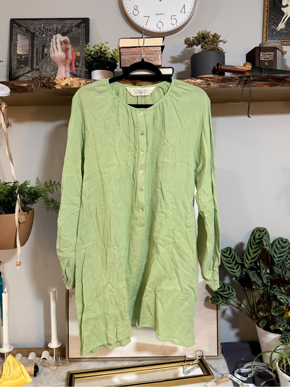 NWT Citrine Kate Dress Light Lime Long Sleeve Tunic Dress with Pearl Buttons
